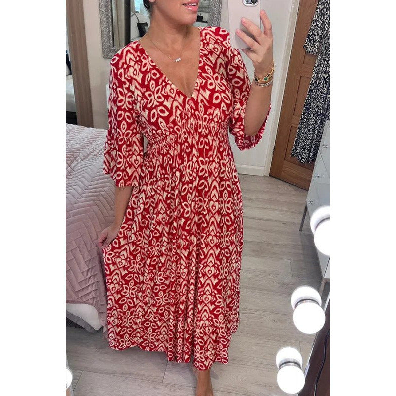 LeRoxy | Bohemian Casual Lange Jurk met Print | V-Hals en Wikkel Taille | Damesjurk