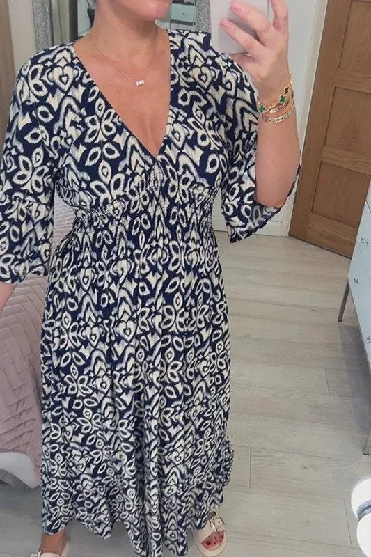 LeRoxy | Bohemian Casual Lange Jurk met Print | V-Hals en Wikkel Taille | Damesjurk