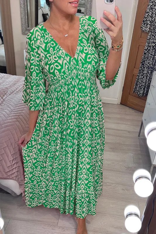 LeRoxy | Bohemian Casual Lange Jurk met Print | V-Hals en Wikkel Taille | Damesjurk