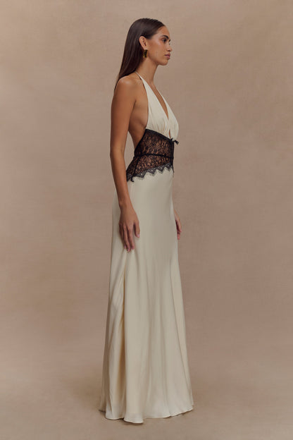 LeRoxy | Maxi Jurk van Kant en Satijn | Zwart/Ivoor | Elegante Avondjurk voor Dames