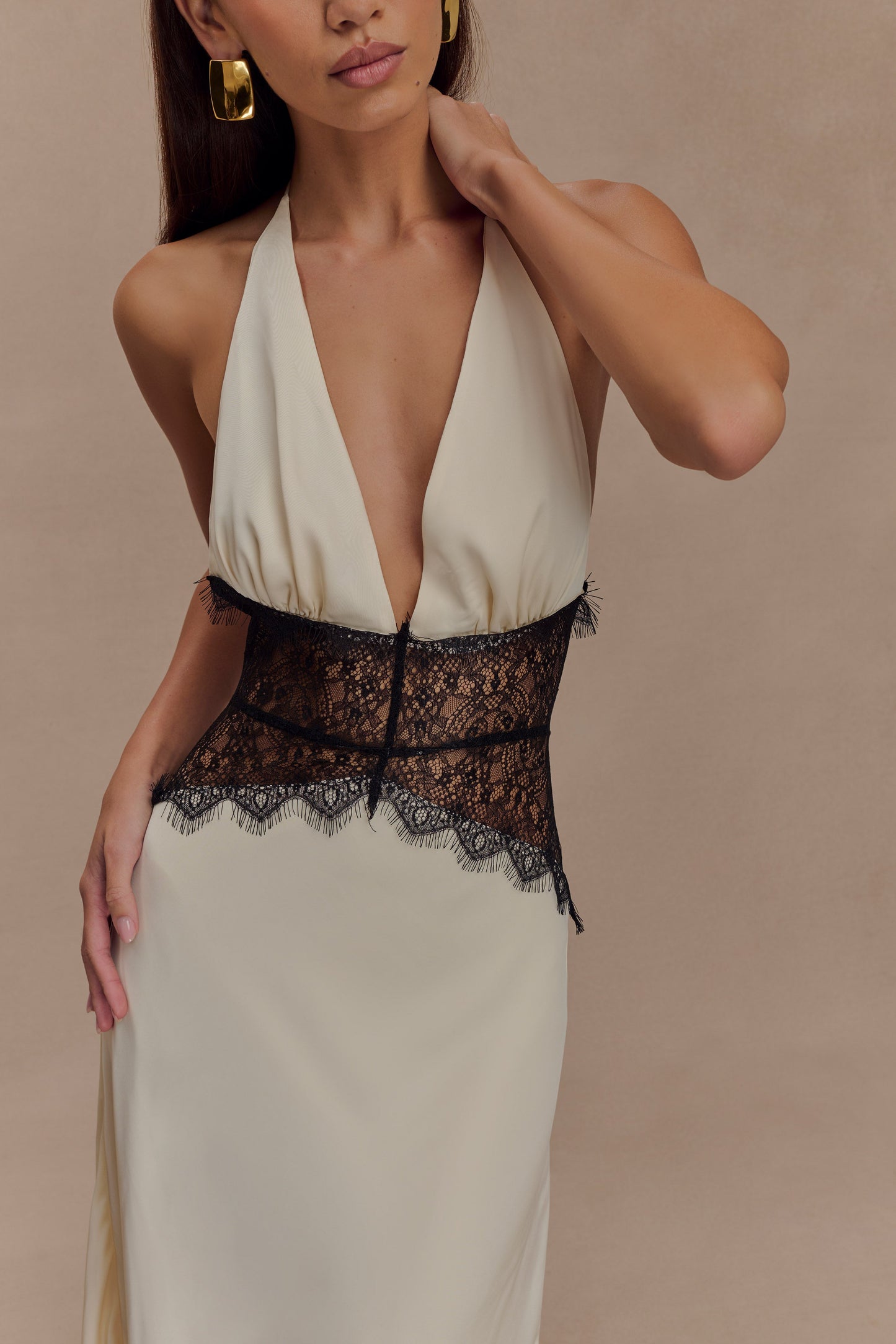 LeRoxy | Maxi Jurk van Kant en Satijn | Zwart/Ivoor | Elegante Avondjurk voor Dames