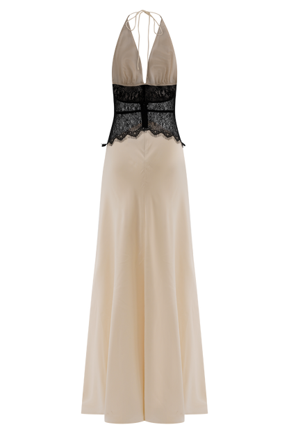 LeRoxy | Maxi Jurk van Kant en Satijn | Zwart/Ivoor | Elegante Avondjurk voor Dames