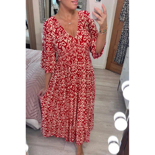 LeRoxy | Bohemian Casual Lange Jurk met Print | V-Hals en Wikkel Taille | Damesjurk